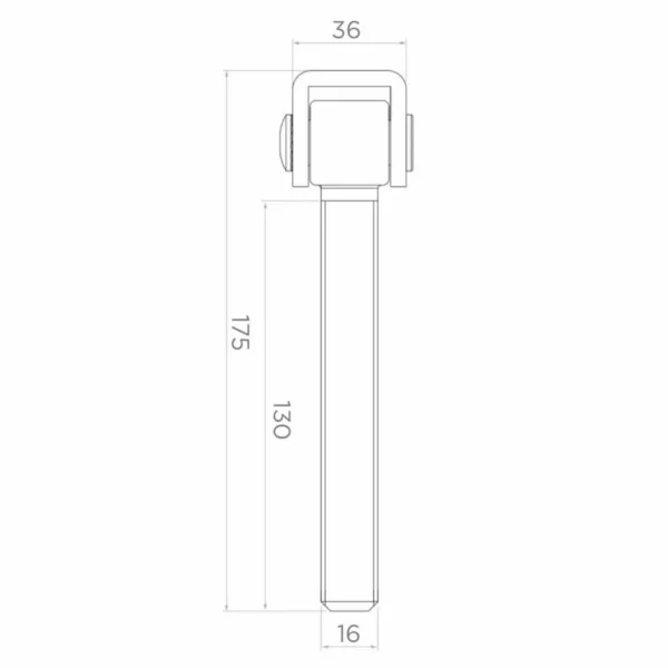 Reguliuojamo vartų vyrio M16 matmenų brėžinys: bendras ilgis 180 mm, varžtas 130 mm, ąselė 36 mm